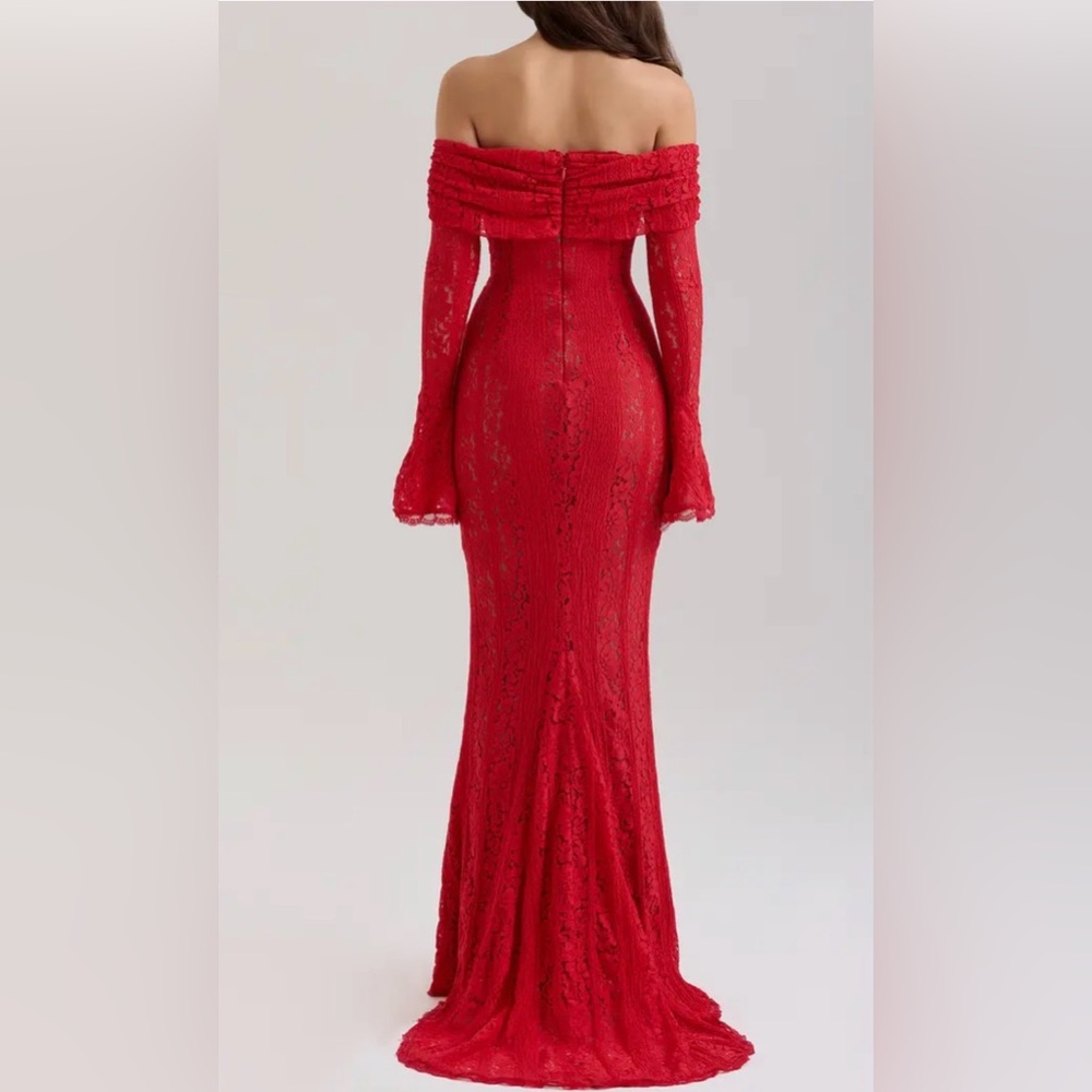 House of CB Belle Off the Shoulder Long Sleeve Mermaid Gown RED - Picture 2 of 7